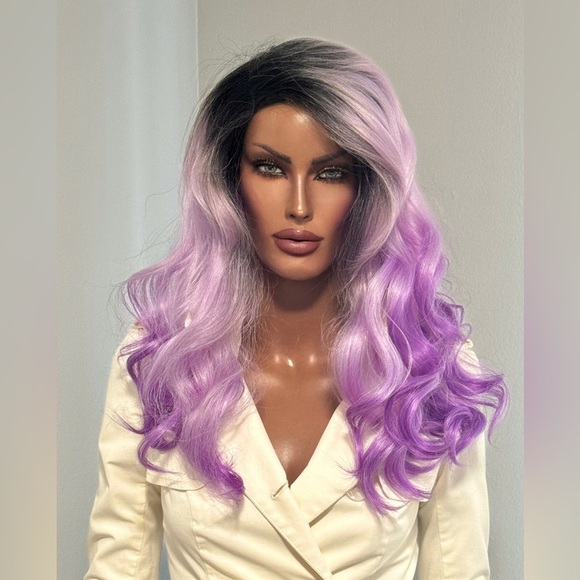 Balayage Violet Wig Ombré Purple Curled Wavy Lace Front Dark Roots Shana Noni - Picture 1 of 13